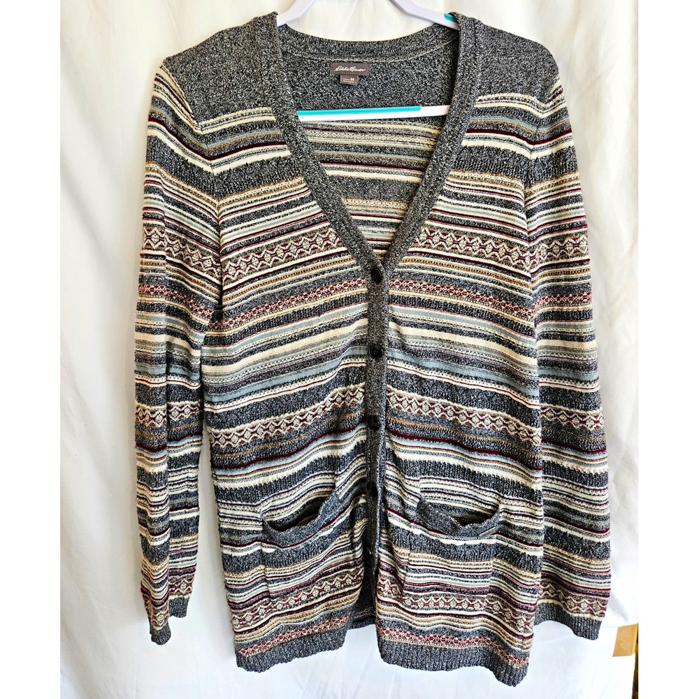 Eddie Bauer Womens M Gray Striped 100% Cotton Knit V-Neck Cardigan Pockets